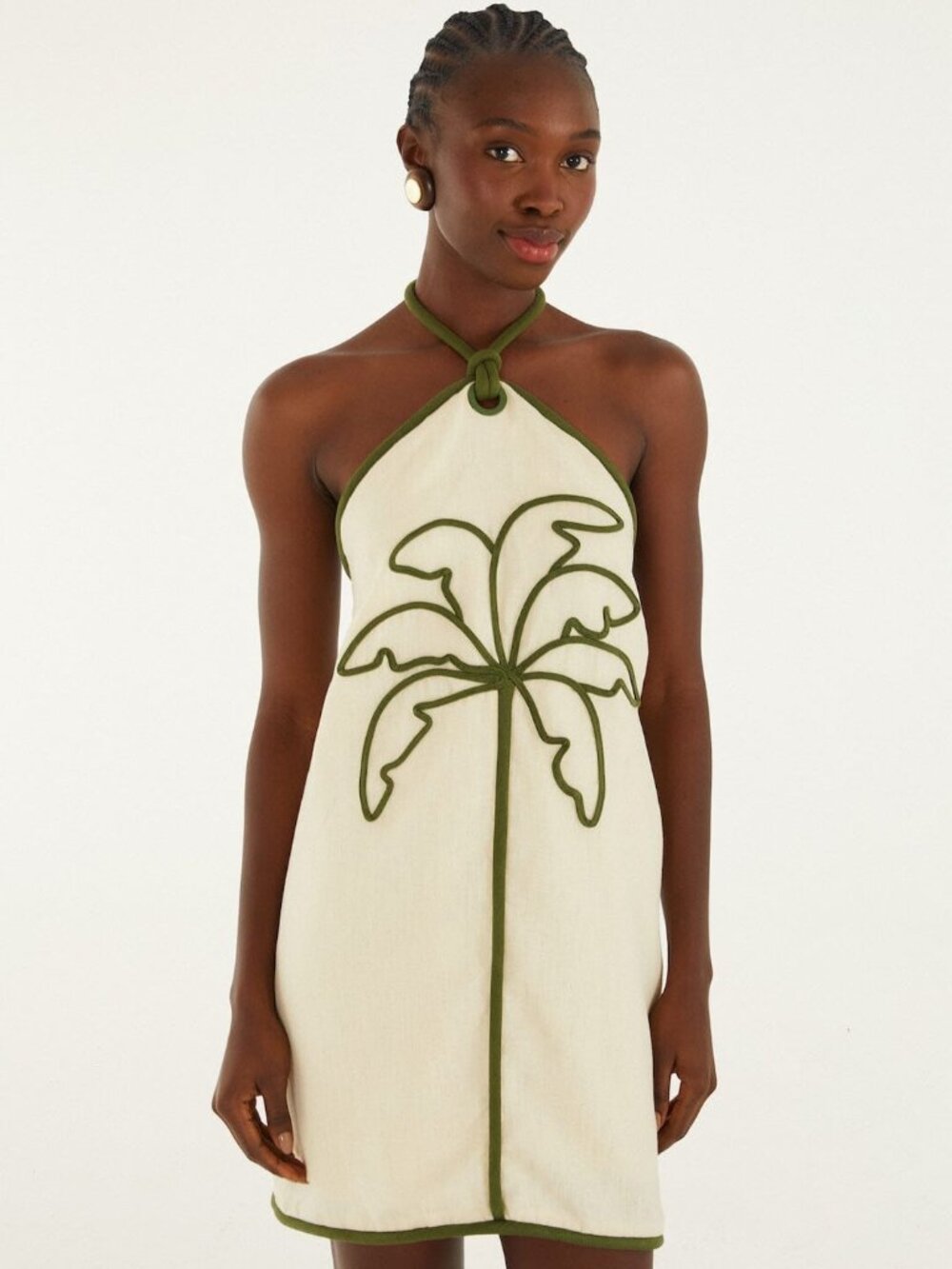 Sand Coconut Embroidery Halter Neck Mini Dress